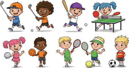 Boy and girl children playing football, a fun cartoon vector illustration set of young characters