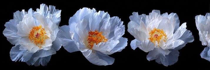 Light-blue peonies in a horizontal arrangement against a black backdrop