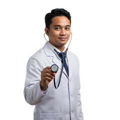 A doctor in a white coat is holding a stethoscope He is facing forward on white or transparent background