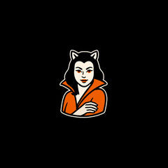 Cartoon Woman with Cat Ears, Orange Coat, and Crossed Arms, Smiling.