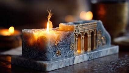 Ornate, marbled candle with classical architectural details