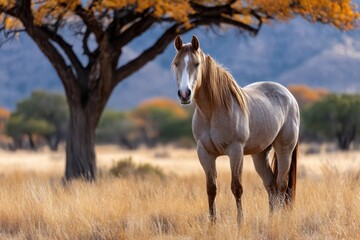 Obraz premium A Palomino Horse Stands in a Golden Field Beneath an Autumn Tree