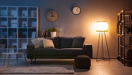 interior of dark living room with glowing lamp sofa and shelf unit in evening