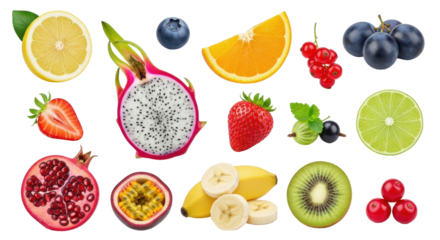 Isolated Assorted fresh fruit cuts a healthy raw food diet citrus banana kiwi strawberry