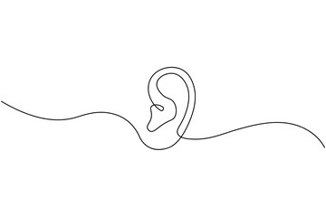 Minimalist continuous one line drawing of a human ear with sound waves, symbol of hearing, listening, and communication