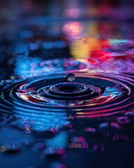 Water droplet impacts creating ripples, colorful reflections