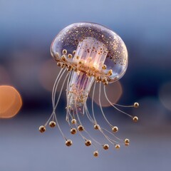 Floating jellyfish, clear with golden specks and dangly beads