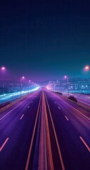 Neon highway at night, blurred lights streak forward