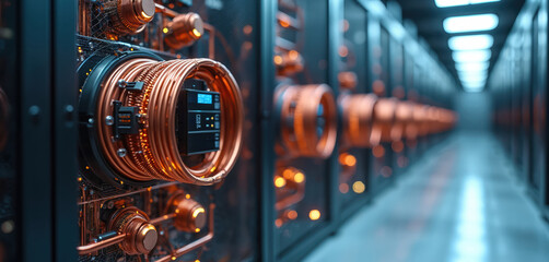 Close-up of modern data center hardware. Intricate copper wiring, glowing circuits on server racks. Tech shows advanced computing infrastructure for processing data, networks. Server room interior