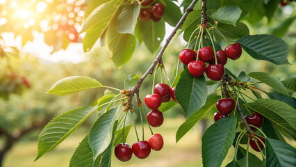 Close up of ripe red cherries hanging on a branch in the orchard on a sunny day