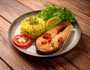 salmon steak egg fried rice fish sauce with chili butterhead lettuce and tomatoes in a ceramic plate on a pine wood table