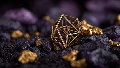 Golden geometric shape on textured rock, gold flecks abound