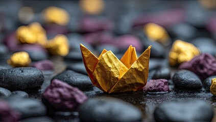 Gold origami crown atop smooth black, violet & gold rocks