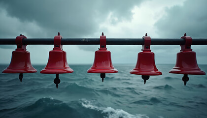 Five vibrant red bells hang above the ocean. Moody sky and turbulent sea create contrast. Bells on a boat symbolize warning or tradition. Nautical theme evokes mystery and drama.