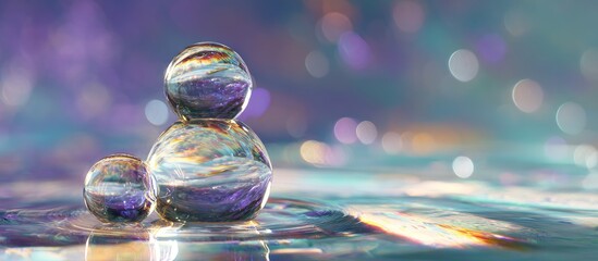 Glassy spheres reflect iridescent light on wavy, dreamy surface