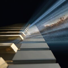 Piano keys with cosmic light beams