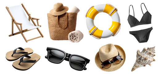 Set of beach pool must-have essential gear, deck chair, towel, inflatable float, seashell sunglass bikini, straw bag, hat, flip flops, transparent cutout PNG. Many different mockup for design
