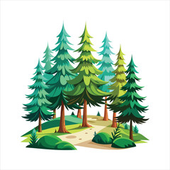 Vibrant pine tree forest landscape with lush greenery and sandy path