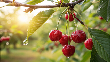 Closeup of ripe red cherries on a branch with water droplets at sunset