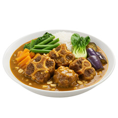 A white bowl filled with food including oxtail rice and vegetables on white or transparent background