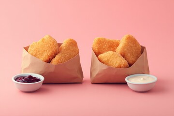 Two paper bags of golden fried chicken pieces, accompanied by dipping sauces