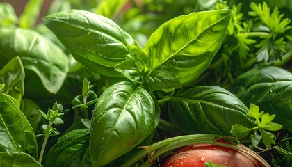 Fresh basil and herbs close-up