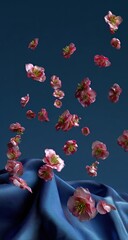 Flowers gently falling on draped, glossy blue fabric