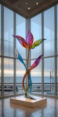 Vivid glass flower sculpture near large windows