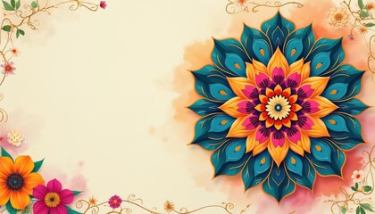 Floral mandala on beige background. Ornament with elegant flower pattern. Design for meditation, wedding yoga. Luxury floral motif for greeting card, banner decor. Ethnic indian style illustration.