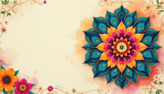 Floral mandala on beige background. Ornament with elegant flower pattern. Design for meditation, wedding yoga. Luxury floral motif for greeting card, banner decor. Ethnic indian style illustration.