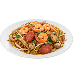 Char Kway Teow on a plate with prawns sausage clams bean sprouts and green onions on white or transparent background