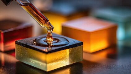 Dropper drips fluid onto glossy, colored, cube surface