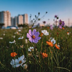 Flowers bloom in field, buildings blurred background