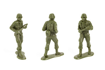 Mini Green Toy Soldiers on white background.