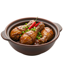Glazed chicken drumsticks in a brown bowl garnished with chili peppers  scallions on white or transparent background
