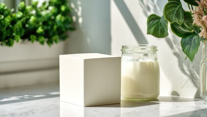 White cube mockup beside a glass jar of cream. Sunlight