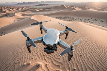 Modern drone with camera hovering in the air against a desert backdrop