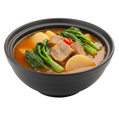 Hearty stew in a dark bowl with beef greens and radish bathed in a rich broth on white or transparent background