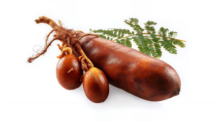 Fresh Tamarind Fruit with Leaf on White Background