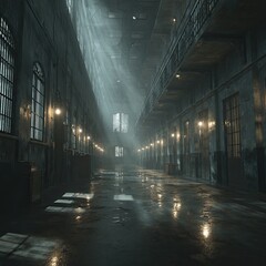 Dark, industrial hallway with light shafts