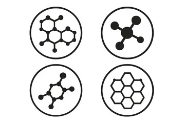 Obraz premium Molecule icon set. Molecular structure chemistry. Science symbol. Chemical bond, atom connection. Hexagonal lattice. Biotechnology, nanotechnology, medical research vector logo.