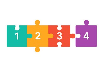 Infographic template with four colorful jigsaw puzzle pieces. Business concept of a timeline, workflow, or process. Vector illustration of four steps, options, or parts.