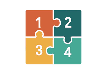 Jigsaw puzzle pieces infographic for four steps. Business process diagram with 4 options. Concept of teamwork, connection, strategy, and solution. Vector element for presentation.