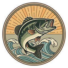 Dynamic largemouth bass leaps from ocean waves with radiant sun rays in vintage badge design, perfect for outdoor adventure branding.