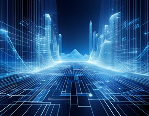 digital blueprint a blue abstract landscape with geometric patterns light beams and tech aesthetics