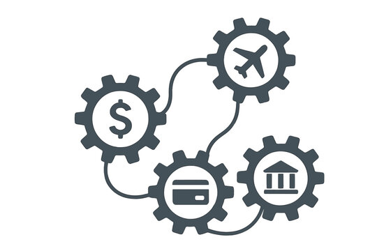 Travel finance system. Abstract concept with connected gears and icons. Integrated symbols for flight booking, money, credit card payment, and bank. Vector interactive illustration.