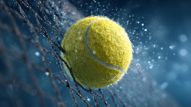 Yellow tennis ball hitting the net with water droplets against a blue background - Powered by Adobe
