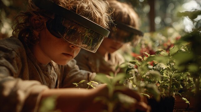 Young children wearing VR glasses explore a lush garden and tend to plants - Powered by Adobe
