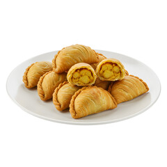 Plate of golden curry puffs with flaky crusts one cut in half revealing filling on white or transparent background