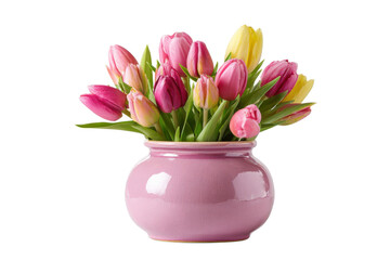 Obraz premium Tulips in pink ceramic vase on transparent background